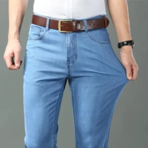 new ice silk thin denim jeans for men blue straight stretch cotton pants business casual lightweight trousers spring summer