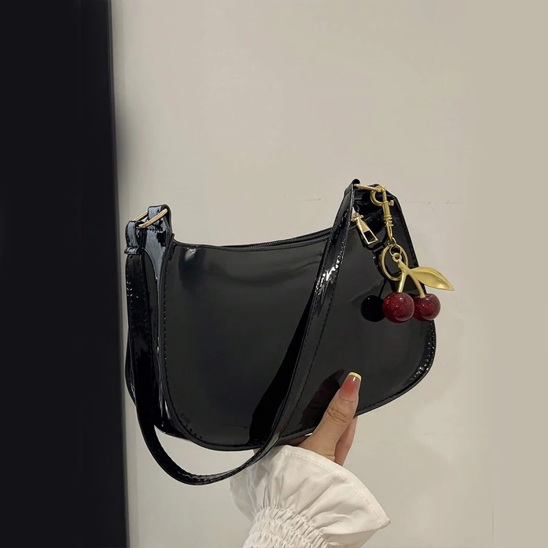 women's pu leather handbag versatile fashion solid color cherry pendant shoulder bag casual commuting bag girl underarm bag women's pu leather handbag versatile fashion solid color cherry pendant shoulder bag casual commuting bag girl underarm bag