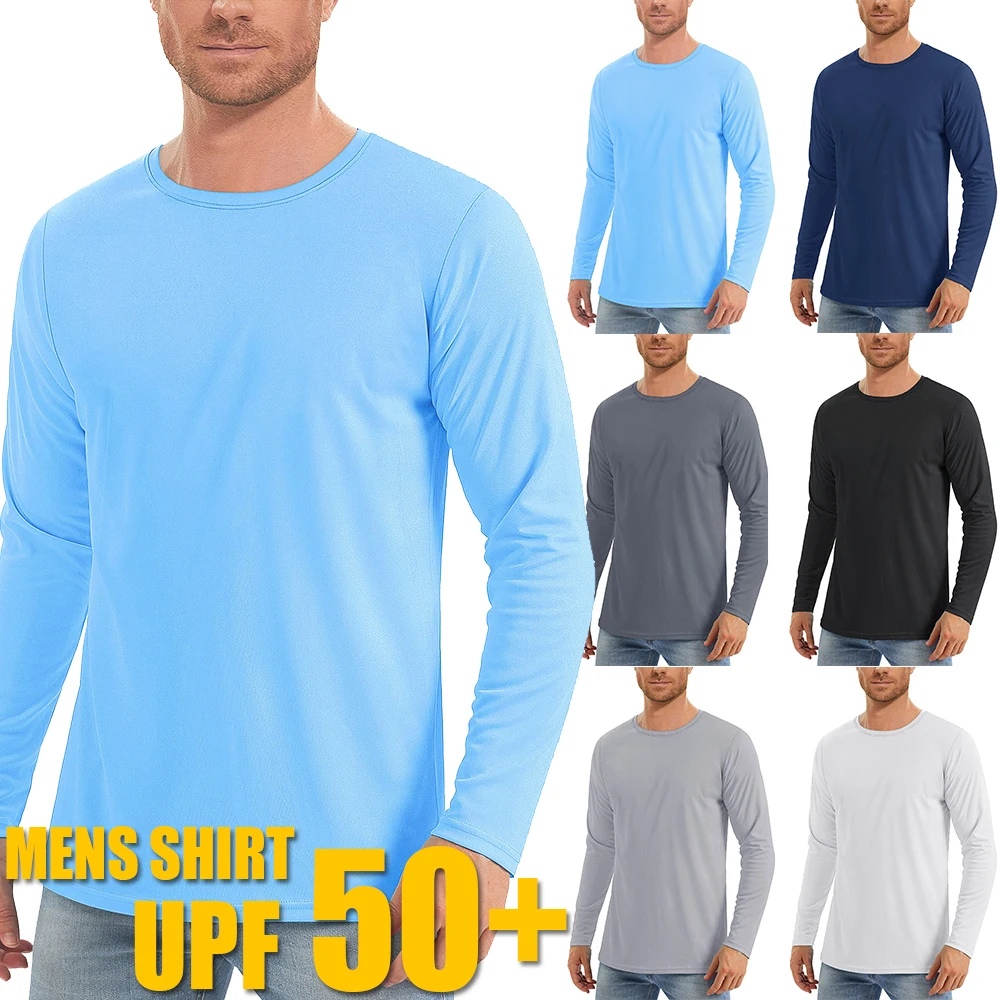 upf50+ men's sunscreen uv protection t shirt solid color long sleeved round neck outdoor hiking fishing quick drying tops upf50+ men's sunscreen uv protection t shirt solid color long sleeved round neck outdoor hiking fishing quick drying tops