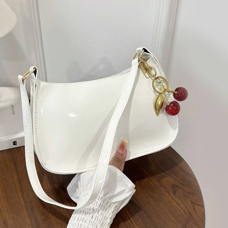 women's pu leather handbag versatile fashion solid color cherry pendant shoulder bag casual commuting bag girl underarm bag women's pu leather handbag versatile fashion solid color cherry pendant shoulder bag casual commuting bag girl underarm bag