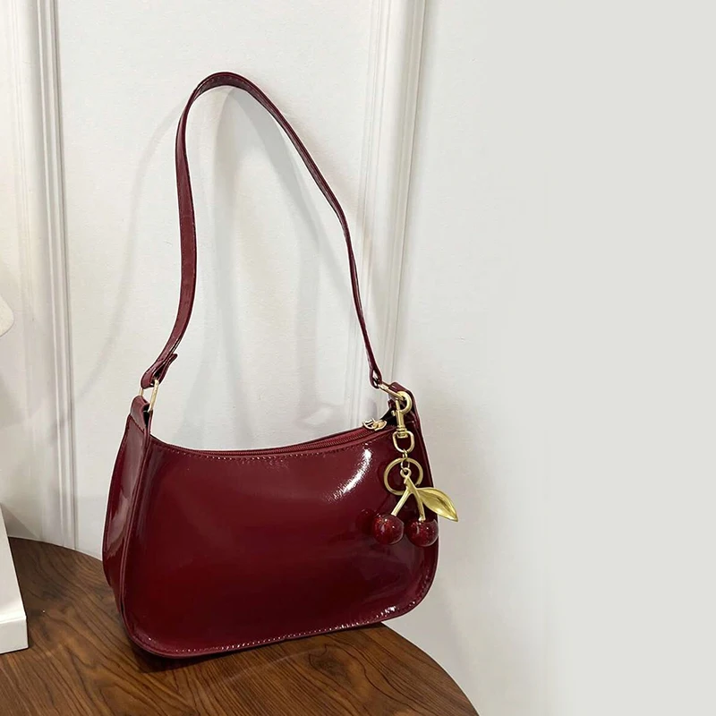 women's pu leather handbag versatile fashion solid color cherry pendant shoulder bag casual commuting bag girl underarm bag women's pu leather handbag versatile fashion solid color cherry pendant shoulder bag casual commuting bag girl underarm bag