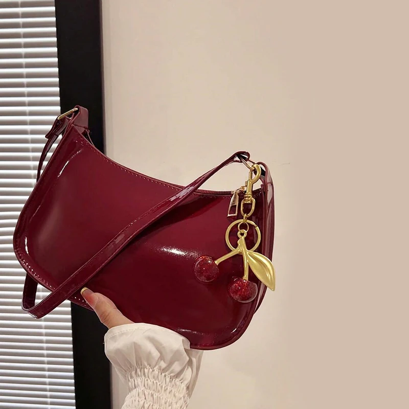 women's pu leather handbag versatile fashion solid color cherry pendant shoulder bag casual commuting bag girl underarm bag women's pu leather handbag versatile fashion solid color cherry pendant shoulder bag casual commuting bag girl underarm bag