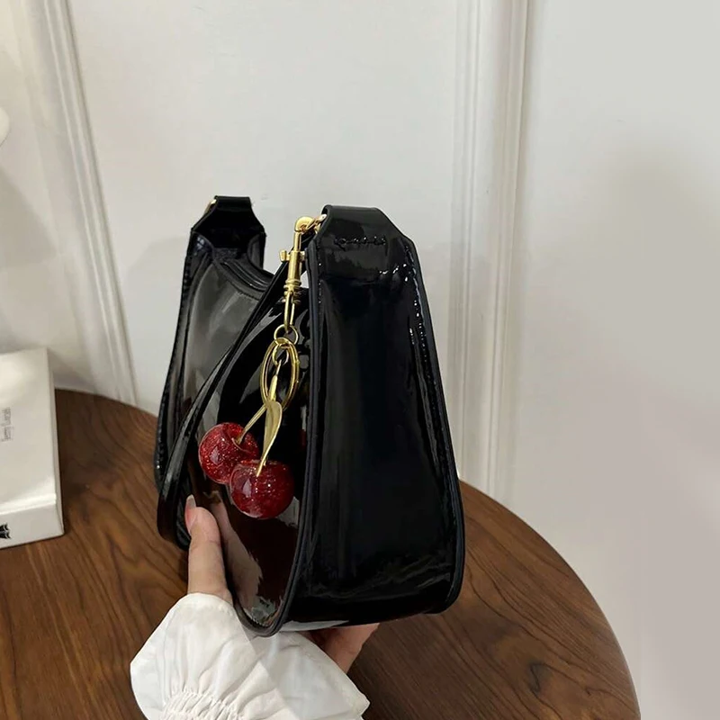 women's pu leather handbag versatile fashion solid color cherry pendant shoulder bag casual commuting bag girl underarm bag women's pu leather handbag versatile fashion solid color cherry pendant shoulder bag casual commuting bag girl underarm bag